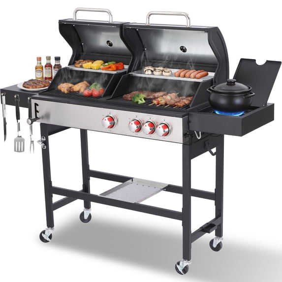 CIG GARDEN 3-Burner Gas and Charcoal Grill Combo with Side Burner, Cast Iron Grates, and Griddle Pan