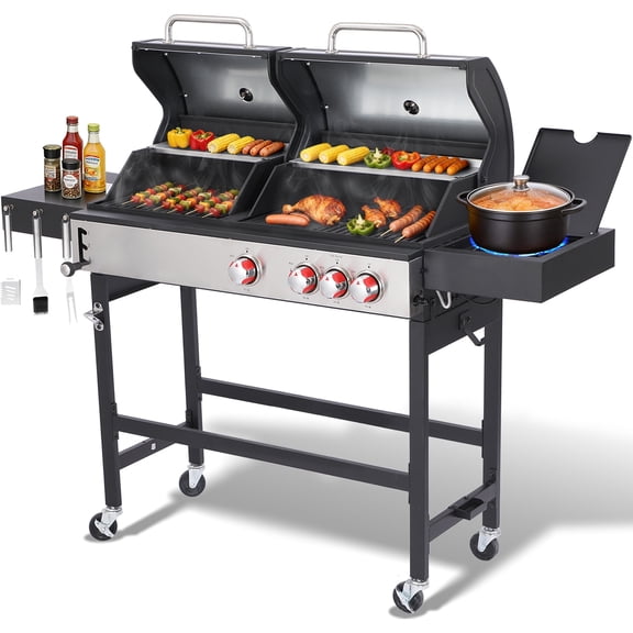 Gas and Charcoal Combo Grill, Propane Grill with Side Burner for Outdoor BBQ, 673 sq. in. Cooking Space, Dual Fuel, 3 Main Burner, Total 39,000 BTU Output