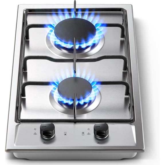 Gas Cooktop 2 Burner, Built-in Propane Cooktop, NG/LPG Dual Fuel Gas Stove Top with Thermocouple Safety Protection, Stainless Steel Stove for Apartment, Kitchen & RV