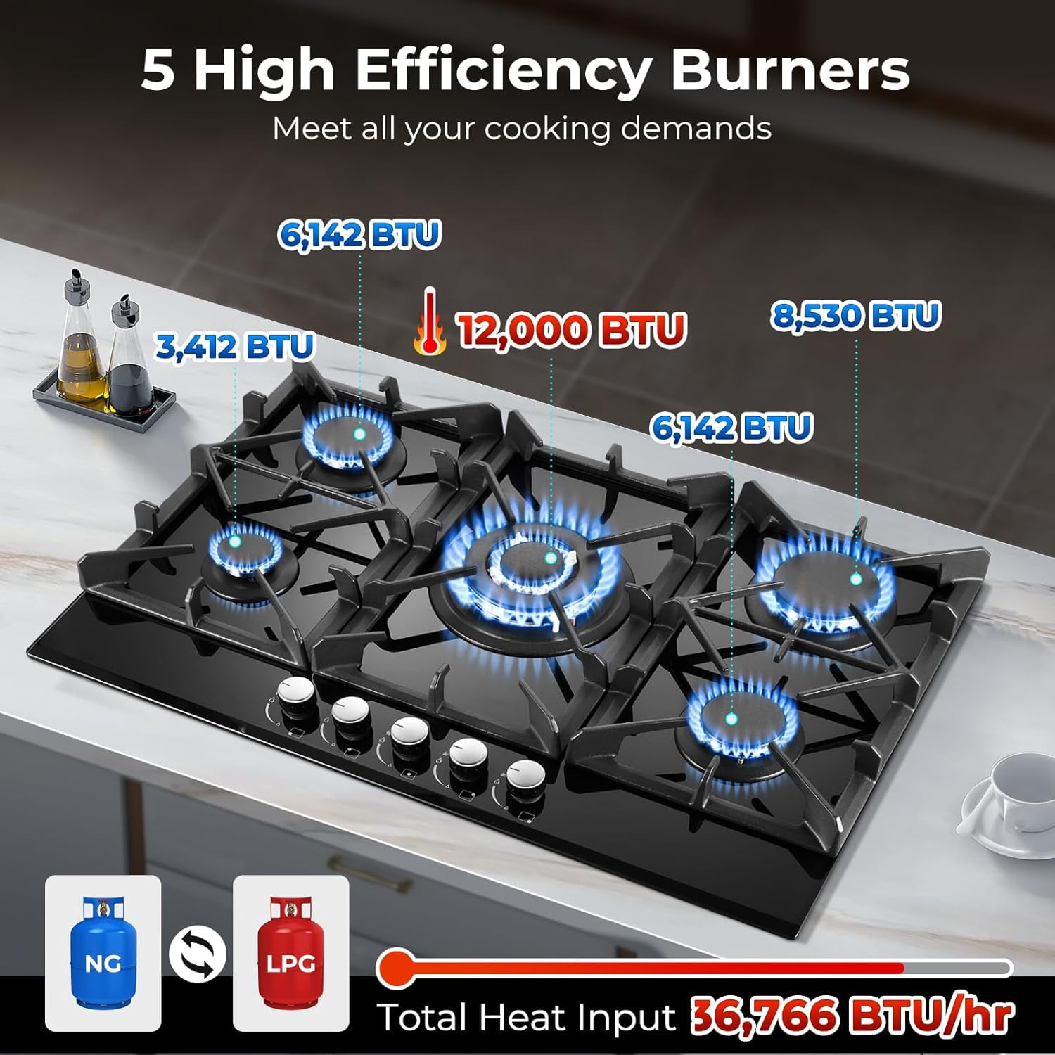 Gas Cooktop 30 Inch, Amzgachfktch 5 Burners Gas Stove, Built-in NG/LPG Convertible Gas Stove Top, Black Tempered Glass Propane Cooktop with Thermocouple Protection