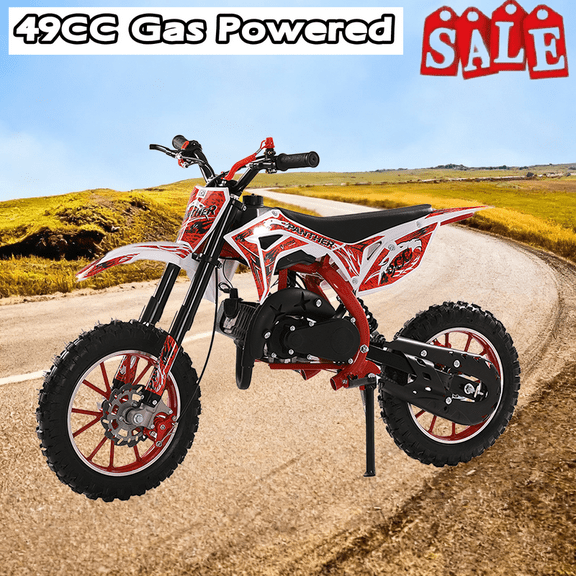 Gas Dirt Bike Kids 49cc, Gas Dirt Bikes for Kids 6-12, 2-Stroke Gas Motorcycle with Front Rear Disc Brakes, Kids Motorcycle with Off-Road Tires, Shock Absorption Springs, Soft Seat Cushion