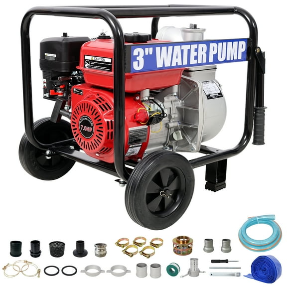 Gas Engine Powered Trash Water Pump 3" inlet&outlet, Flow:264Gpm , 7HP Engine 212CC, EPA Certificated, 3in NPT Connector, 3in to 2in coupler 2in1, 50 ft Discharge Hose, 12 ft Suction Hose, Wheels and