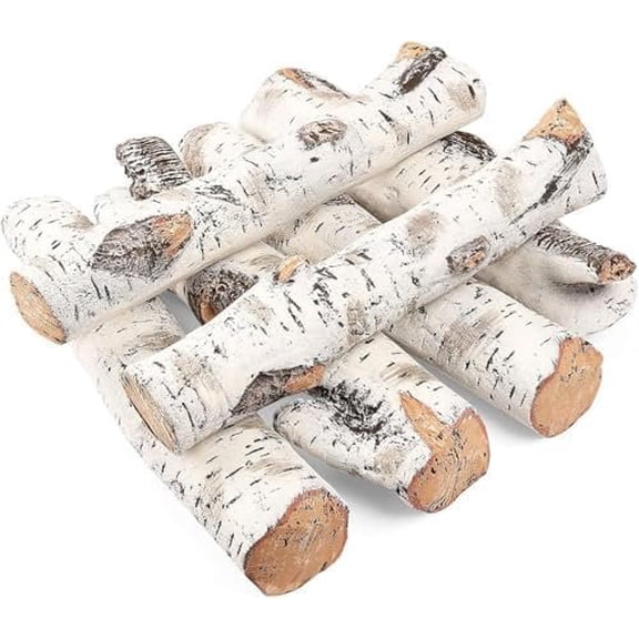 Gas Fireplace Logs, Birch Logs 6 count Fireplace Decor Fireplace Logs for Gas Fireplace Insert, Ceramic White Birch Faux Fireplace Fire Logs for Vented, Indoor Outdoor Fireplace Firebowl