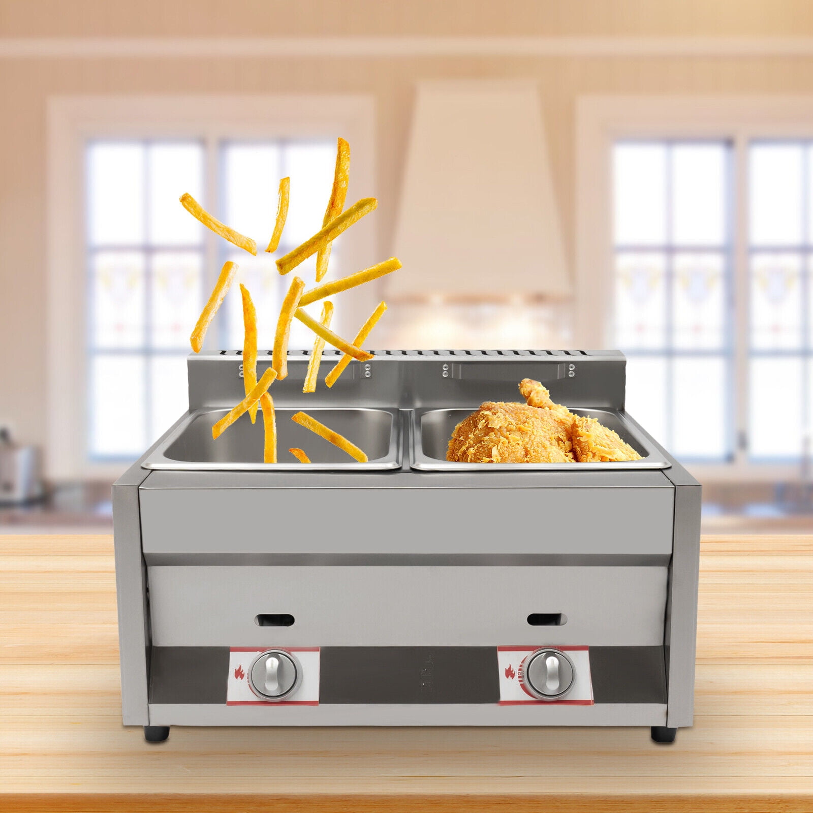 Gas Fryer Countertop Deep Fryer Restaurant Stainless Steel Commercial 2 Pots