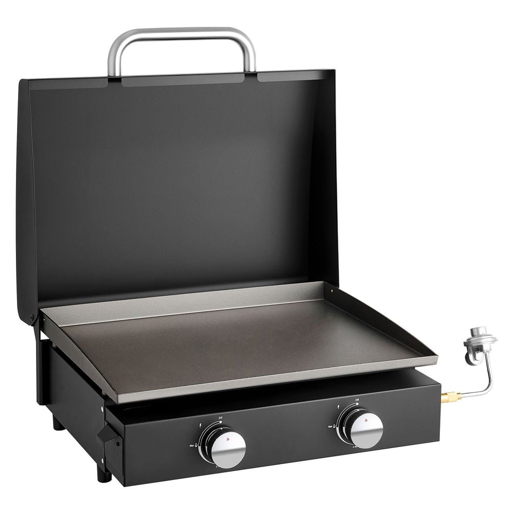 Gas Griddle, 2 Burner Tabletop Griddle, 22 inch Portable Griddles Propane with Lid, Oil Drain Hole & Oil Collection Tray, 2 x 11000BTU Camping Flat Top Grill for Outdoor Cooking, Tailgating