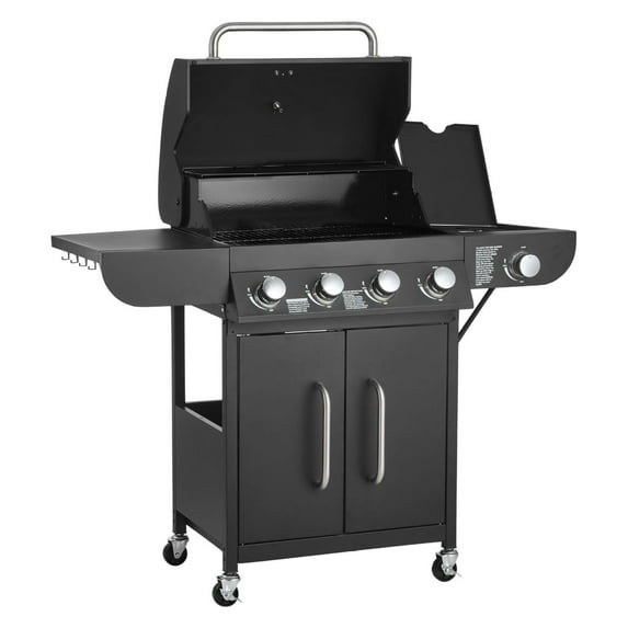 Gas Grill 4 Burner Propane Grill with Side Burner, 425 SQ.In, 52000 BTU Outdoor BBQ Grill, Carbon Steel Grates, 2 Shelves for Patio & Garden