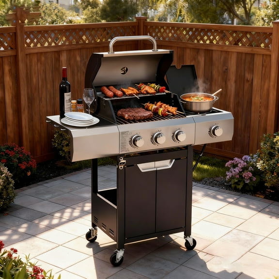 Gas Grill, Enyopro Propane Gas Grill, 3 Burner Stainless Steel BBQ Grill with Side Burner and Cover, 4 Universal Wheels for Outdoor Patio Garden