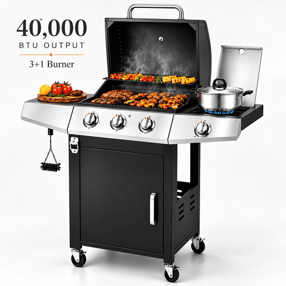 Gas Grill with Side Burner, Powerful 40,000BTU 3 Burner Propane Grill w/Cabinet, Stainless Steel Outdoor BBQ Grill Portable for Backyard Patio, Anti-Tilt Design, Universal Wheels, Warming Rack