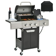 Gas Grill w/Side Burner, 40500BTU Propane Grill with Cover, Stainless Steel Outdoor BBQ 2 Cooking Areas, Portable Grill for Camping Patio