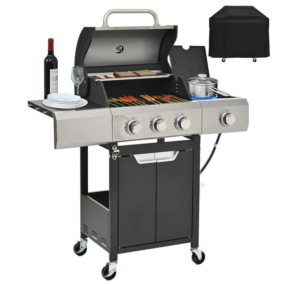 Gas Grill w/Side Burner, 40500BTU Propane Grill with Cover, Stainless Steel Outdoor BBQ 2 Cooking Areas, Portable Grill for Camping Patio