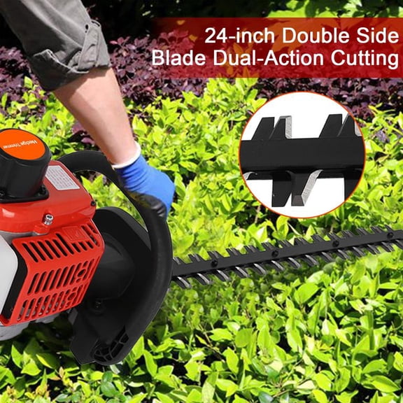 Gas Hedge Trimmer 26cc 2-Stroke, 24 Inch Dual-Sided Blades, Smart Switch Design, Thickened Splash Guard, Low Noise, for Garden, 43 x 10 x 10 Inch