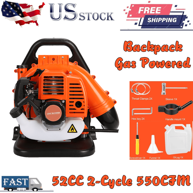 Gas Leaf Blower, 52CC 1.7HP 2 Cycle Backpack Leaf Blower, 550CFM , 200MPH , Powerful Clearing Performance and Ergonomic Harness System