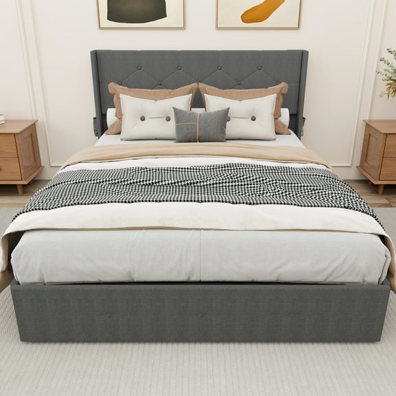 Gas Lift Full Bed Frame With Storage, Chic Wingback Headboard Style, Ports, Dark Gray Linen Upholstery, No Box Spring Needed Modern Size Storage Lift, Horizontal Channel Headboard,