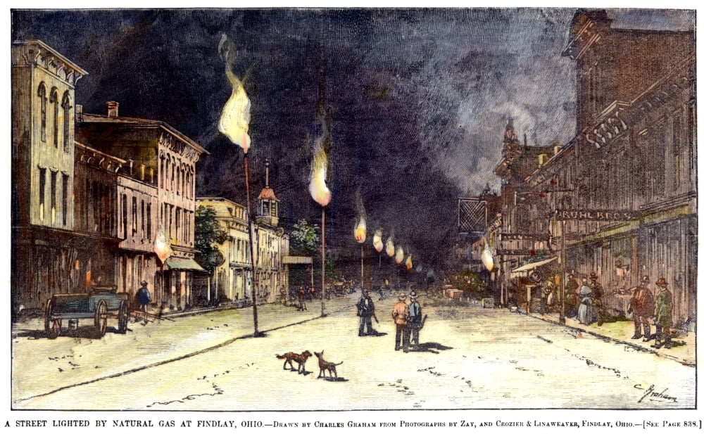 Gas Lights, 1885. /Nnatural Gas Lamps Lighting The Street In Findlay