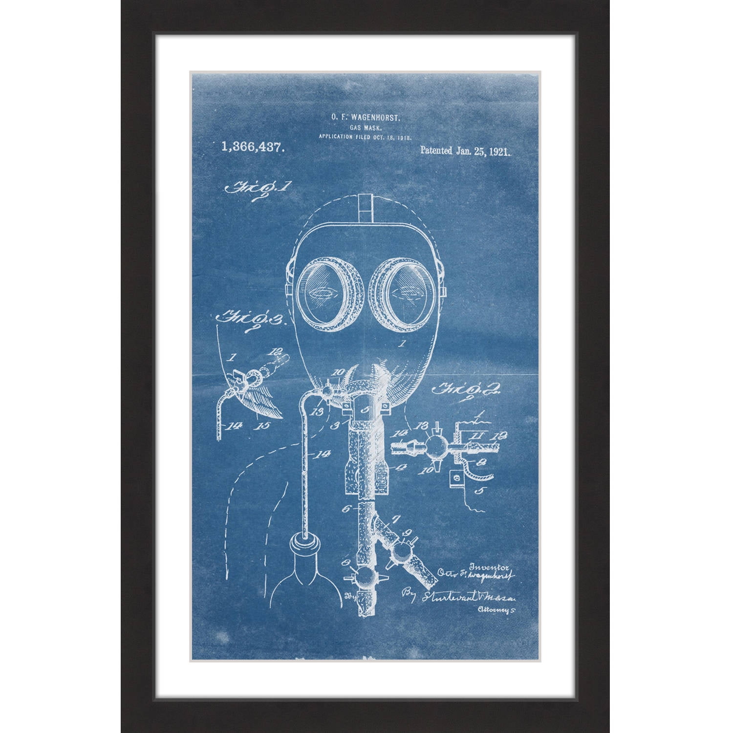 "Gas Mask 1921 Blueprint" Framed Painting Art Print, 12" x 1.5"