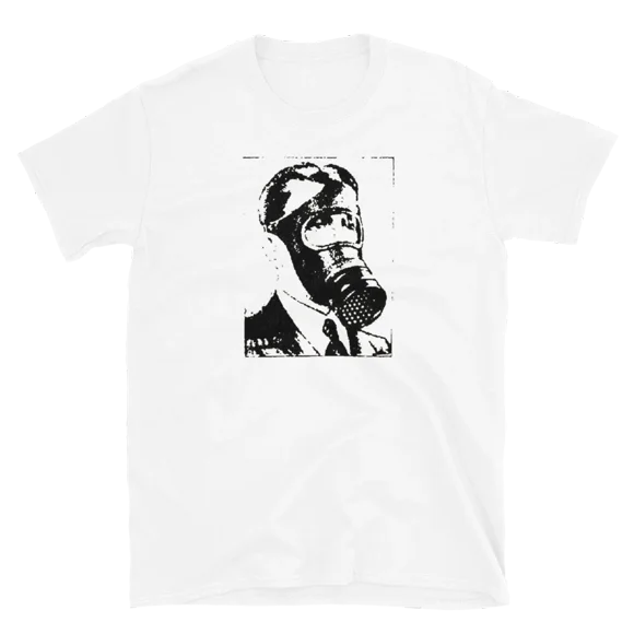 Gas Mask Suit Man Graphic T-Shirt - Dystopian Fashion Tee - Unique Style