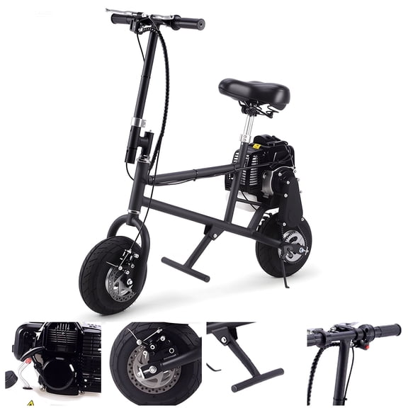 49CC Mini Bike,with a 49cc 2-stroke engine. Built with a durable carbon steel frame, front disc brake, and stable 10-inch pneumatic tires. Hits 25 mph and supports up to 200 lbs