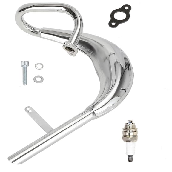Gas Motorized Bicycle Motor Bike Silver Performance Chrome Exhaust Muffler Expansion Chamber Pipe Silencer Gasket with Spark Plug for 2 Stroke 50cc 66cc 80cc 100cc Engine Parts