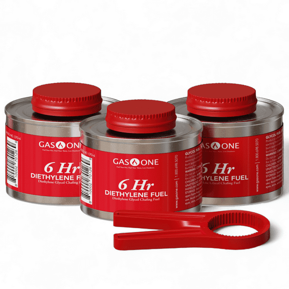 Gas One 3 Pack 6 Hour Chafing Fuel - Food Warmer for Chafing Dish Buffet Set - Reusable Liquid Safe Fuel With Wick & Lid Opener