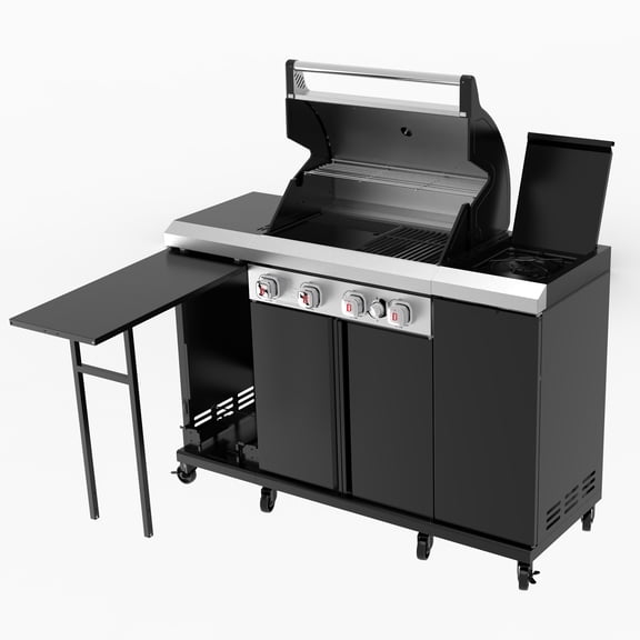 Brand Man 4-Burner Outdoor Gas Kitchen Grill Island with Side Burner, BBQ Station with Storage Cabinets and Fold-out Prep Table, LPG/NG Convertible