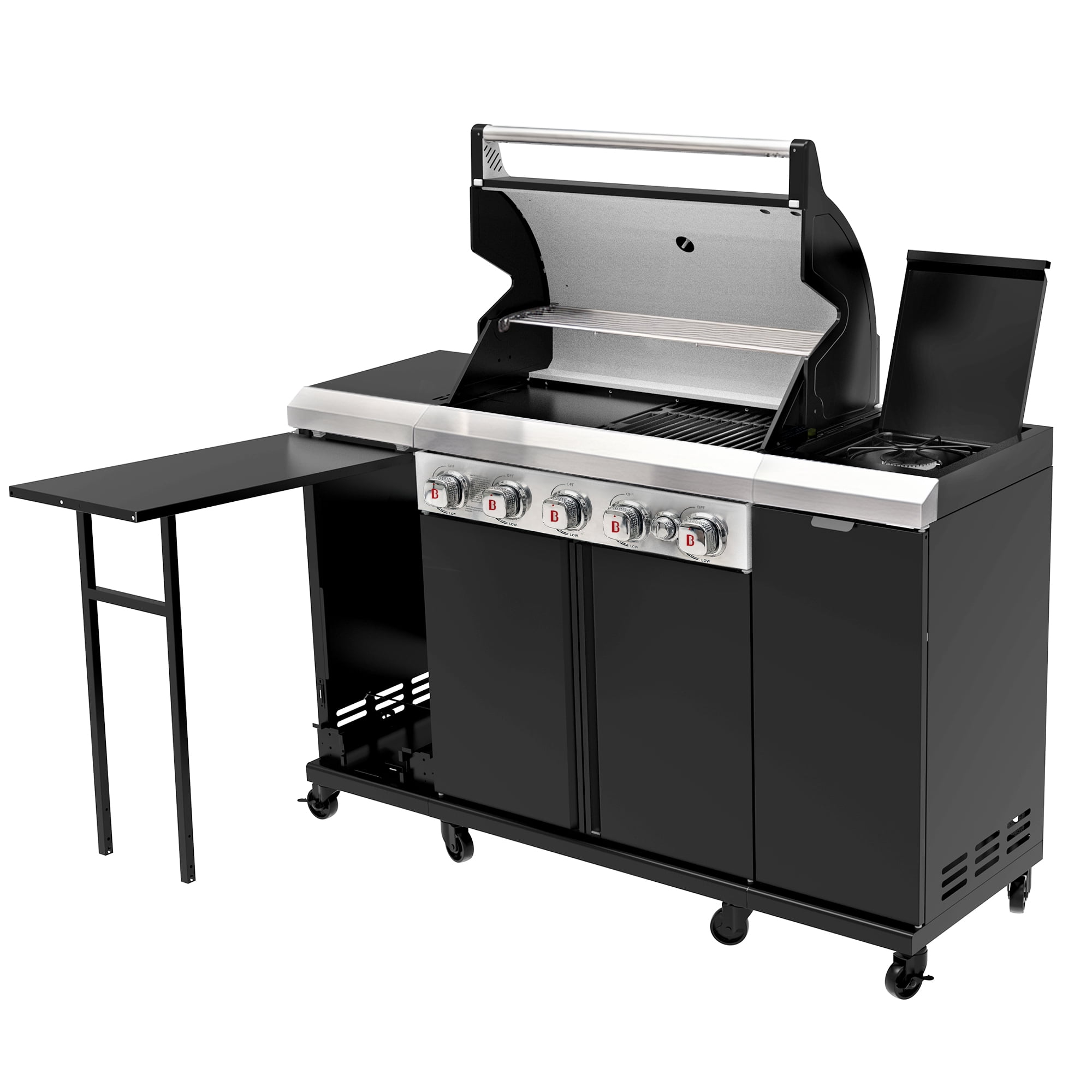 Brand Man 5-Burner Outdoor Gas Kitchen Grill Island with Side Burner, BBQ Station with Storage Cabinets and Fold-out Prep Table, LPG/NG Convertible