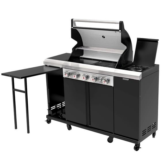 Brand Man 5-Burner Outdoor Gas Kitchen Grill Island with Side Burner, BBQ Station with Storage Cabinets and Fold-out Prep Table, LPG/NG Convertible