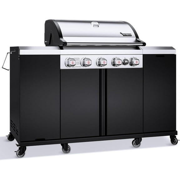 Brand-Man 5-Burner Propane Gas Outdoor Kitchen Grill Island with Side Burner - 52,000 BTU Stainless Steel BBQ Grill Station with Storage Cabinets, Fold-out Prep Table, LPG/NG Convertible, Black