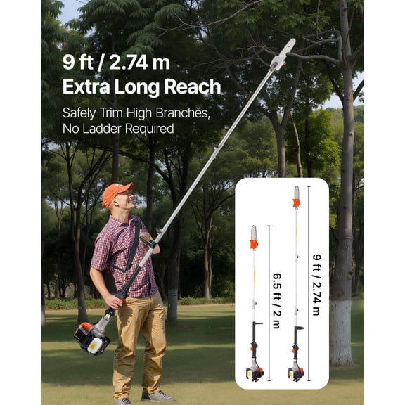 Gas Pole Saw,25CC 2 Stroke Gas Powered Pole Saws with 8 in Cutting Bar,Cordless Tree Trimmer with 23 fl.oz Fuel Tank,6.5 to 9 ft Extendable,Powerful Chainsaw for Tree Trimming Pruning