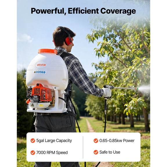 Gas Powered Backpack Sprayer,26.5CC 0.9HP Engine,Garden Sprayer with 5 Gallon Tank,Large Area Coverage,Lawn Spraying Machine with 24 in Wand&Nozzles for Efficient Gardening&Farming