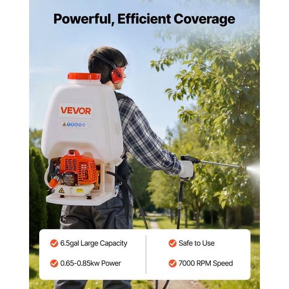 Gas Powered Backpack Sprayer,26.5CC 0.9HP Engine,Garden Sprayer with 6.5 Gallon Tank,Large Area Coverage,Lawn Spraying Machine with 24 in Wand&Nozzles for Efficient Gardening&Farming