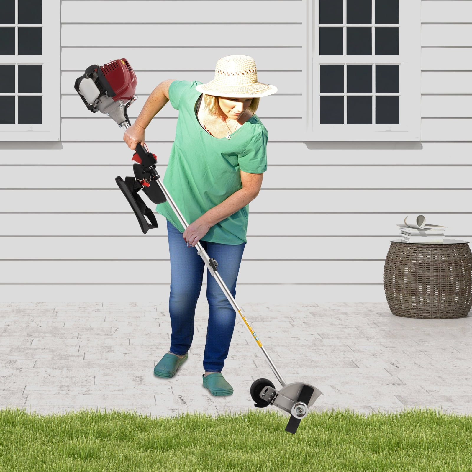 Gas Powered Edger Weed Eater 35.88CC 2 Blade Heads, 4 Stroke Cordless Lawn Edger Gas String Trimmer with Handle & Shoulder Strap for Garden Lawn Grass Trimmer