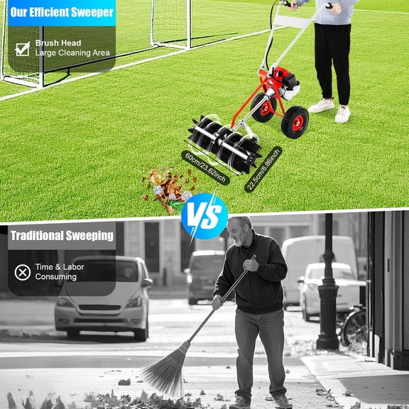 Gas-Powered Lawn Yard Sweeper, 43cc 2 Stroke Gasoline Powered Road Leaf Sweeper Broom, 1.7HP 8500rpm Artificial Grass Gas Power Cleaner, Hand Push Sweeper