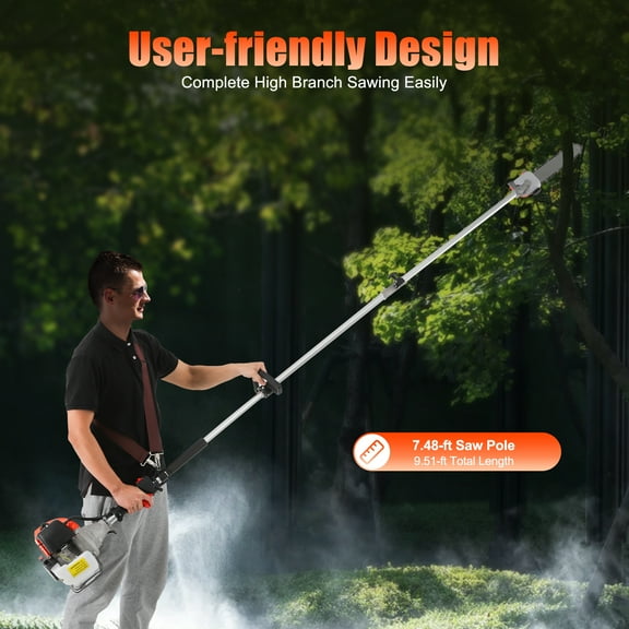 Gas Powered Pole Saw, 52CC 2 Stroke Tree Trimmer Pruning Chainsaw Long Extension Garden Branch Cutter for Tree Trimming Branch Cutting Shoulder Strap