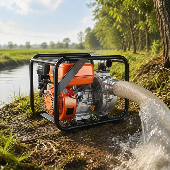 Gas Powered Water Pump, 2 In, 128 Gpm, 6 Hp, Portable Transfer Pump, Cast Iron Impeller, 25 Ft Hose