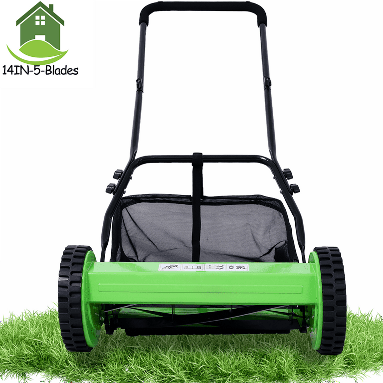 Seizeen Push Lawn Mower 14 Inch 5 Blade Reel Lawn Mover with Grass Catcher 0.6 1.8 Height Adjustable Manual Lawn Mower with Bag Green