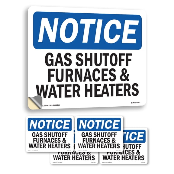 Gas Shutoff Furnaces And Water Heaters OSHA Notice Vinyl Decal Label 24 Inch x 18 Inch - 5 Pack