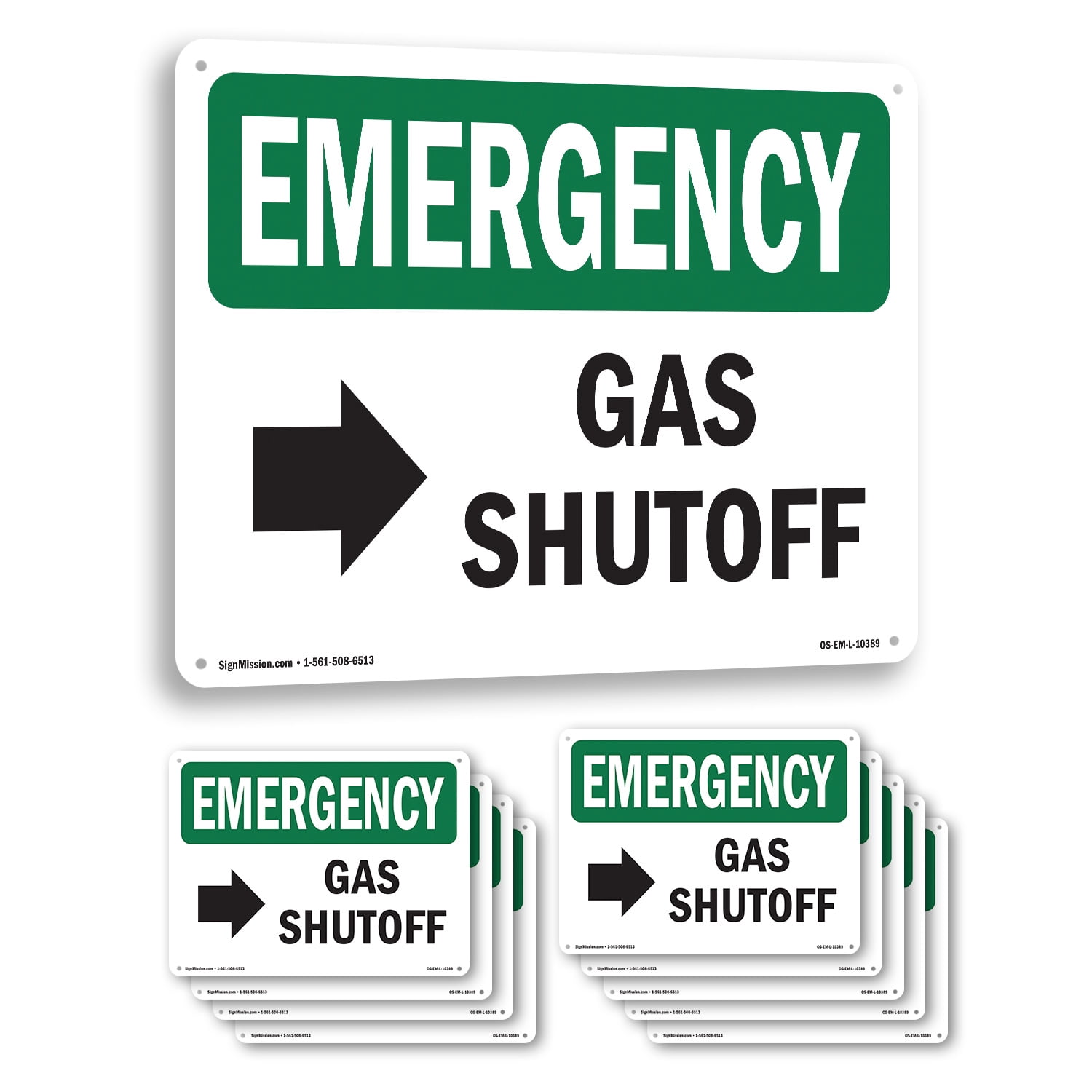 Gas Shutoff [Right Arrow] With Symbol OSHA Emergency Rigid Plastic Sign ...