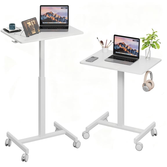 Gas Spring Height Adjustable Mobile Sit-Stand Mini Desk, Lockable Casters & Headphone Hook, Rolling Laptop Side Desk 28.5"-42.7" Height Range