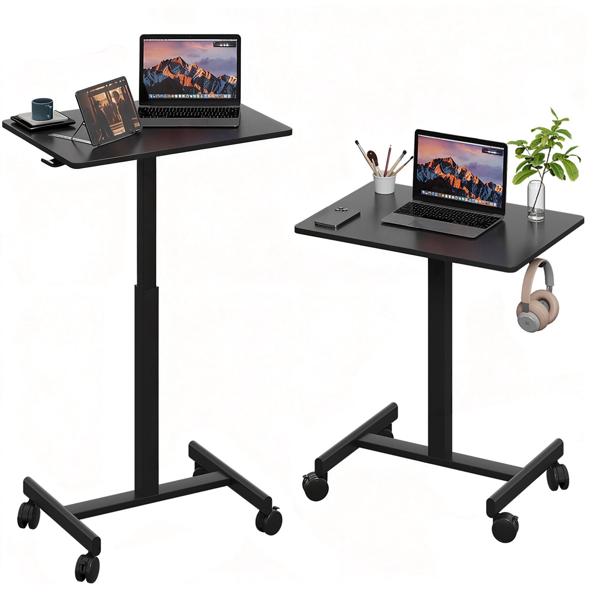 Gas Spring Height Adjustable Mobile Sit-Stand Mini Desk, Lockable Casters & Headphone Hook, Rolling Laptop Side Desk 28.5"-42.7" Height Range