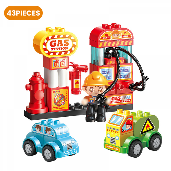 Gas Station Classic Building Blocks Set with Car & Truck, 43Pieces Kids Building Set Education Toys for 3-5 Years Old Birthday Gifts