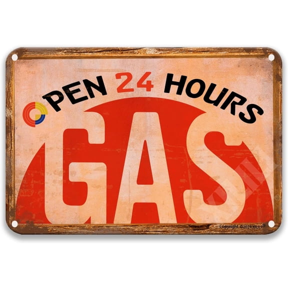 Gas Station Open 24 Hours Retro Look Decoration Art Sign Signs For Man Cave Farmhouse Bathroom Decor Man Cave Decor 8X12 Inches Tin Sign