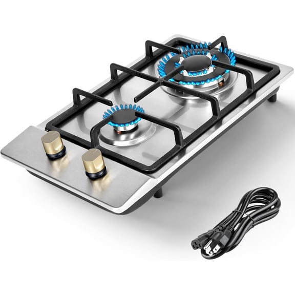 Gas Stove 12 Inch, Cooktop 2 Burner, Portable Gas Cooktop Stainless Steel, Dual LPG/NG Convertible with Thermocouple Safety Protection for Kitchen, RV, Camping, Outdoor