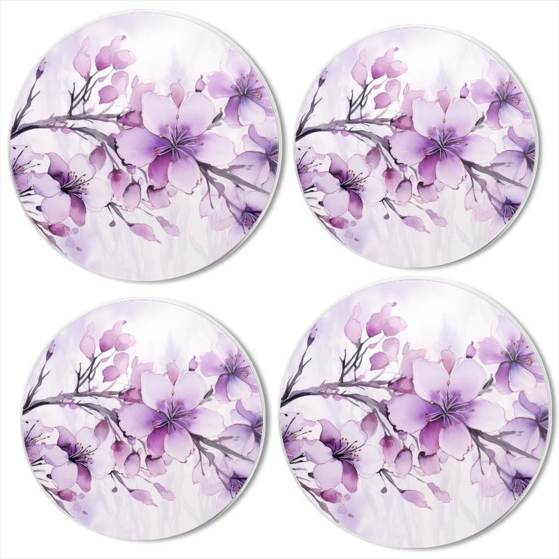 BaHomeck Electric Stove Burner Covers Set of 4,Round Metal Gas Stove Burner Covers 8 Inch and 10 Inch,Kitchen Decor,Purple Cherry Blossoms With Delicate Brush Strokes Against White Background