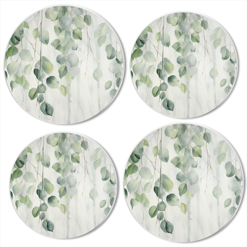 BaHomeck Electric Stove Burner Covers Set of 4,Round Metal Gas Stove Burner Covers 8 Inch and 10 Inch,Kitchen Decor,White Background With Eucalyptus Leaves Hanging Down In The Foreground