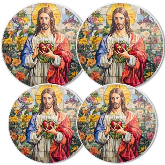 Gas Stove Burner Cover,White Electric Stove Top Protector,Easy to Clean,Mosaic - Style Jesus With Sacred Heart And Flowers