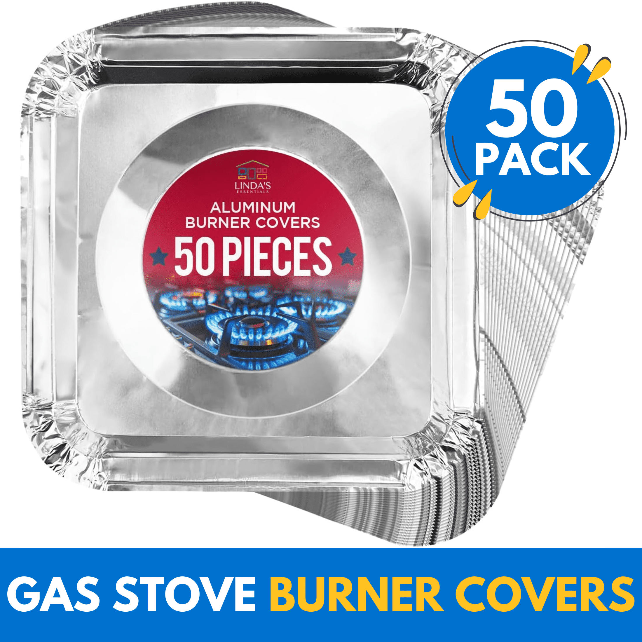 Lindas Essentials 8.5 Square Gas Stove Burner Covers 50 Pack - Disposable Aluminum Stove Burner Liners - Heat Resistant Stove Top Liners for Gas Burners - Thick Gas Stove Burner Liners