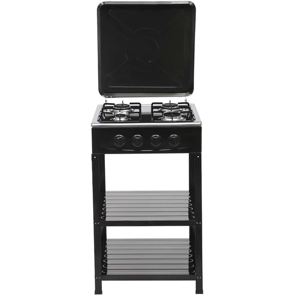 Gas Stove Commercial Restaurant Kitchen Stand 4 Burners Cooking Gas Stove Set With Cover White/Black (Black)