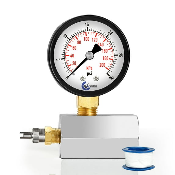 Gas Test Pressure Gauge 30 Pound, 30 PSI / 200kPa, 3/4” FNPT Connection, Brass Valve, Chrome Plated Steel Body Assembly.