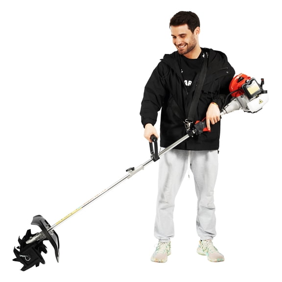 Gas Tiller Cultivator, 51.7cc 1.45kW 2-Stroke Cordless Garden Rototiller 76.6in Long Pole, Aluminum Alloy Manual Start Soil Weeder for Yard Planting
