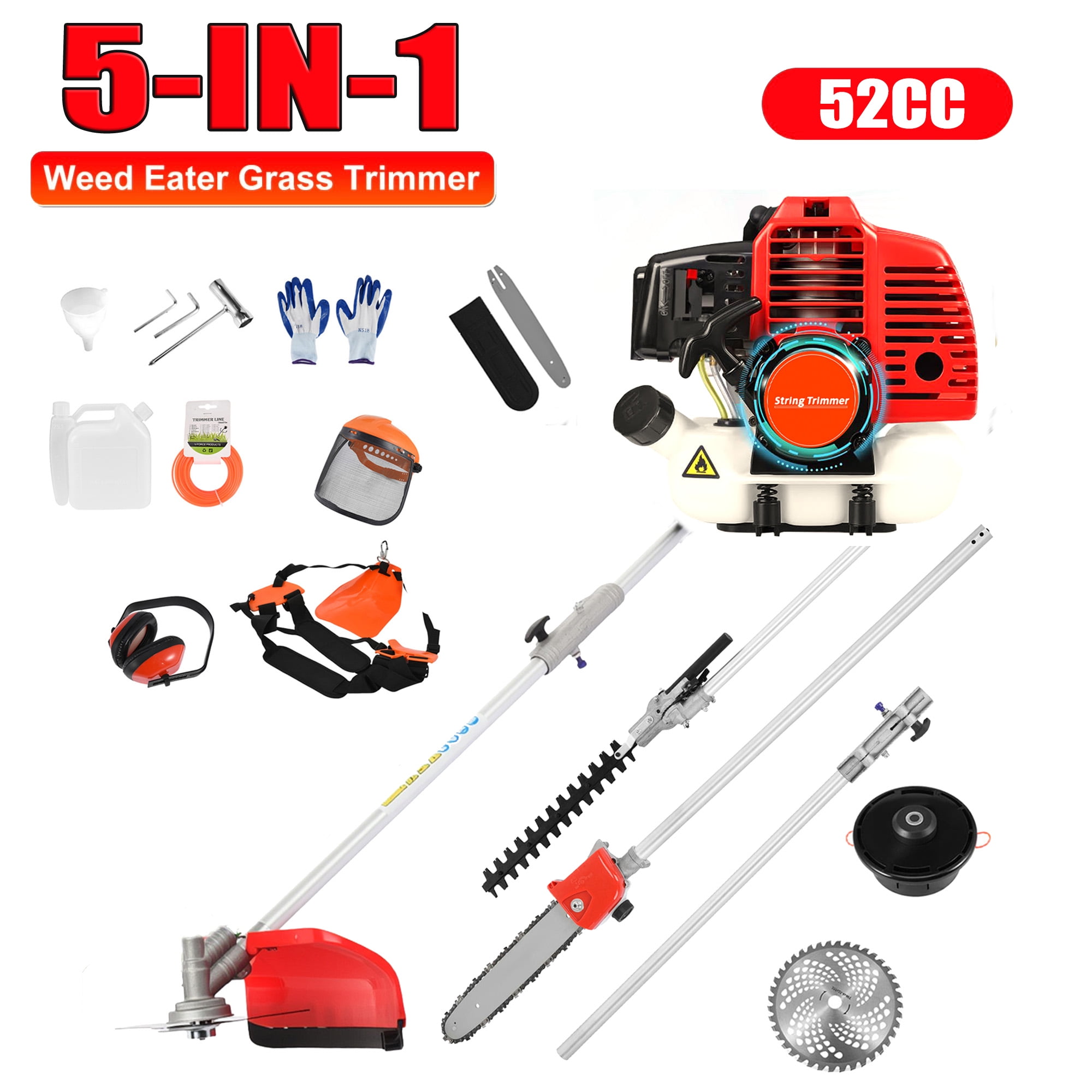 𝟓 𝐢𝐧 𝟏 Gas Weed Wacker, 52cc 2-Cycle Gas Weed Eater, 2025 Upgraded Weed Eater, 9500rpm High Power String Trimmer, Edger Pole Saw Chainsaw Pruner Brush Cutter for Yard, Garden